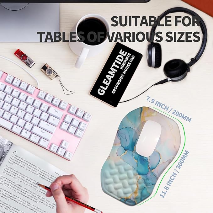Ergonomic Raised Mouse Pad Wrist Support with Bilateral Slope Memory Foam Mousepad for Wrist Rest and Carpal Tunnel Pain Relief 11.8x7.9〃Blue Marble