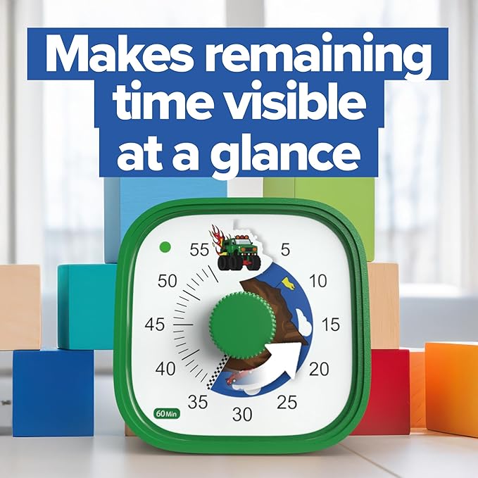 Visual Timer for Kids – Tick Tock Truck Clock - Silent Time Management – 60 Minute Countdown – Focus and Productivity Tool – for Classroom, Toddlers, Study, Toothbrush – Fun Design – Adjustable Alarms