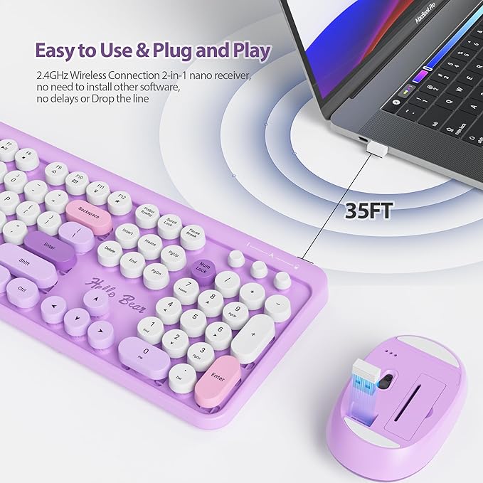 Fogruaden Wireless Keyboard and Mouse Combo 2.4GHz Retro Typewriter Keyboard, 104 Keys Full Size Round Keycap Cute Keyboard and Mouse with Number Pad, Purple Colorful Keyboard for Windows PC Laptop