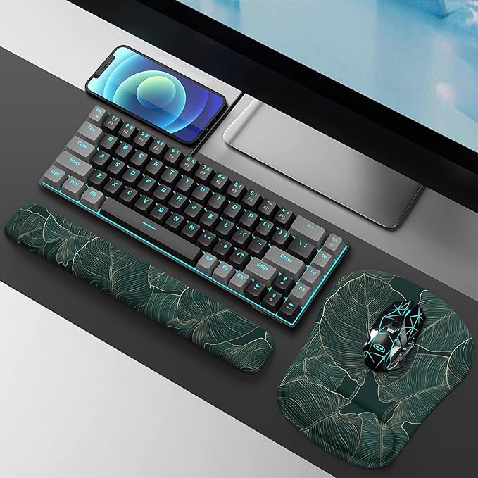 HAOCOO Ergonomic Mouse Pad with Wrist Rest, Wrist Rest for Computer Keyboard, Non-Slip Base Mouse and Keyboard pad for Office, Easy Typing & Pain Relief,Green Leaves