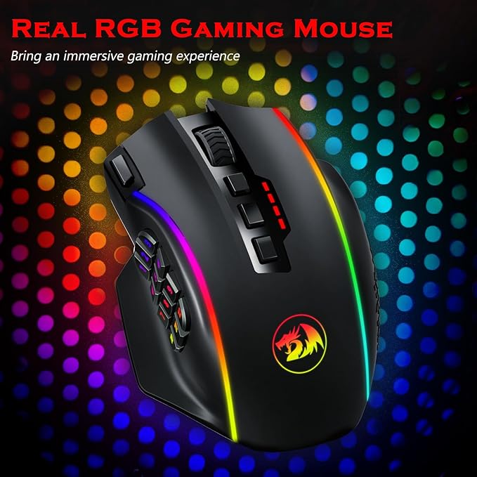 Redragon Wireless Gaming Mouse, MMO Gaming Mouse UP 16,000 DPI, 16 Macro Programmable Buttons, RGB Rechargeable with 12 Side Buttons, 70Hrs for PC Laptop MOBA FPS, M901P-KS