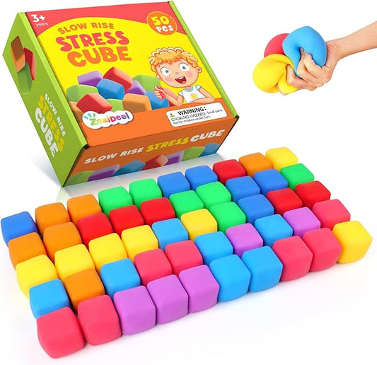 50 Pack Slow Rising Stress Cube: Stretchy Fidget Toys for Anxiety Relief, Large Size Squishy Cube, Pull Stretch Fidgets for Classroom Prize, Classroom Reward for Student