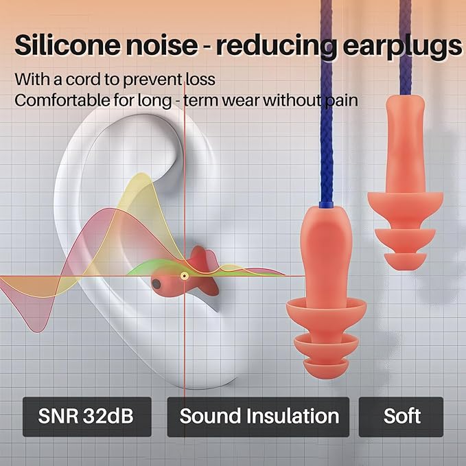100 Pairs Silicone Corded Ear Plugs SNR 32dB - Reusable Noise Reduction Earplugs with String,Individually Wrapped,for Work & Construction Site,Orange