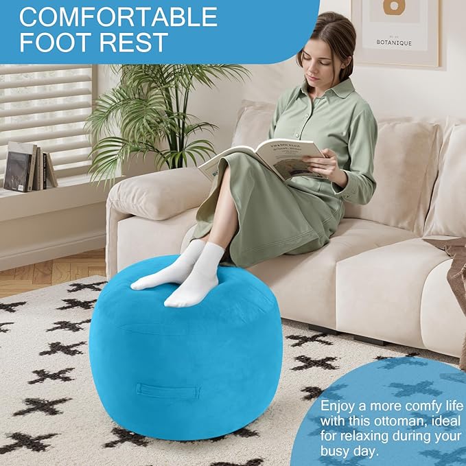 MeMoreCool Round Stuffed Pouf Ottoman Foot Rest, Floor Pouf Foot Stool with Soft Foam Chunk Filling, Small Round Ottoman Footstool Circle Footrest for Living Room, Blue