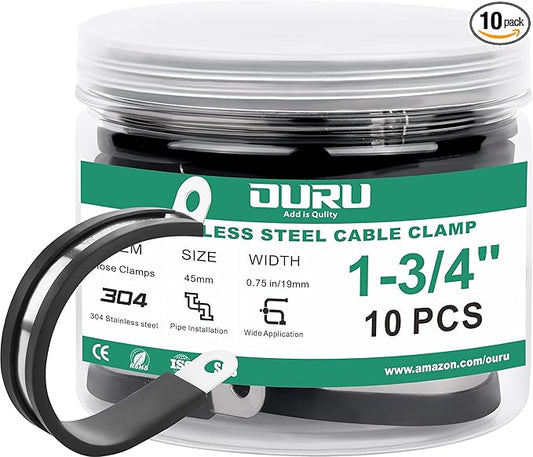 10pcs 1-3/4 Inch Stainless Steel & Rubber Coated Cushioned Insulated Cable Clamps, Automotive Pipe & Wire Clamps, Black