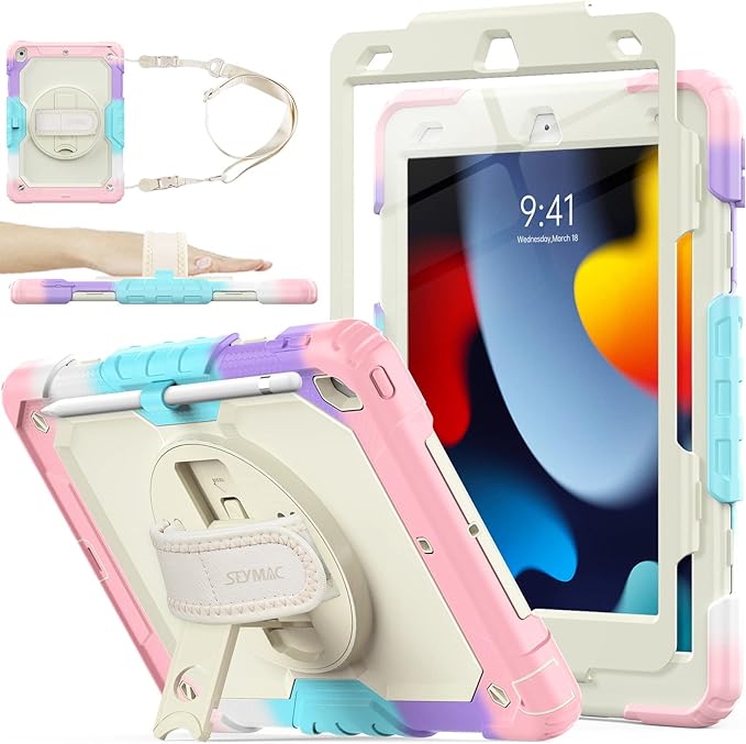 SEYMAC stock Case for iPad 9th/ 8th/ 7th Generation 10.2'', Shockproof with Screen Protector, Pencil Holder [360° Rotating Hand Strap] & Stand, for iPad 10.2 inch 2021-2019 (Yellowish+Pink)