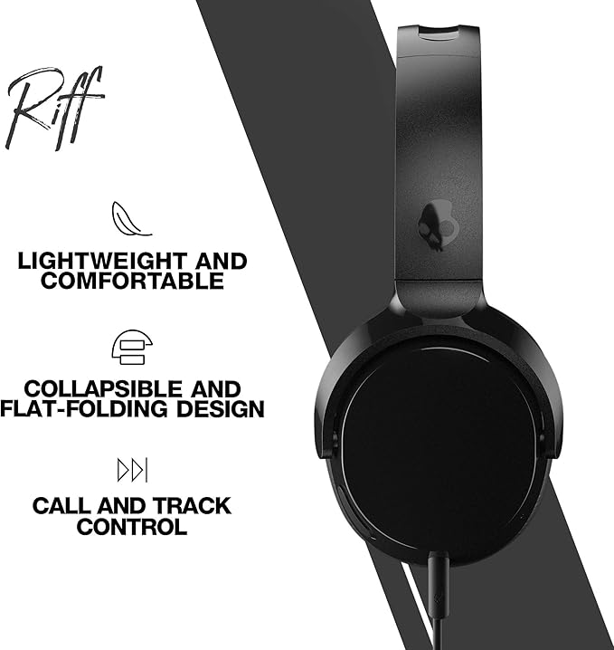 Skullcandy Riff On-Ear Wired Headphones, Convenient for Travel with 3.5mm Plug, Built-in Microphone, Foldable Lightweight Comfortable Design, Durable Headband - Black