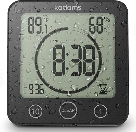 KADAMS Shower Clock Waterproof Bathroom Timer – Digital Wall Clock with Countdown, Magnetic Kitchen Clock with Temperature & Humidity, Suction Cup for Kids Shower Spa Sauna Cook Bath (Black)