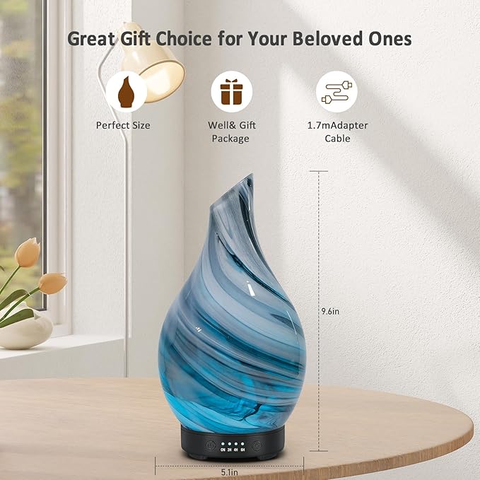 Essential Oil Diffuser Aroma Diffuser- 200 ml Art Glass Ultrasonic Cool Mist Oil Diffuser for Aromatherapy Waterless Auto-Off & 7 Colors Changed LED Light for Home Office Decor & Gift (Grey-200 ml)
