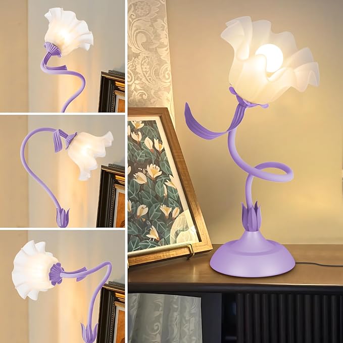 Women Bedside Table Lamps for Bedroom, Cute Flower Desk Lamp with Adjustable Flexible Gooseneck, 3 Color Temperatures Nightstand Lamp with E26 LED Bulbs, Floral Lamp for Living Room, Office,Reading