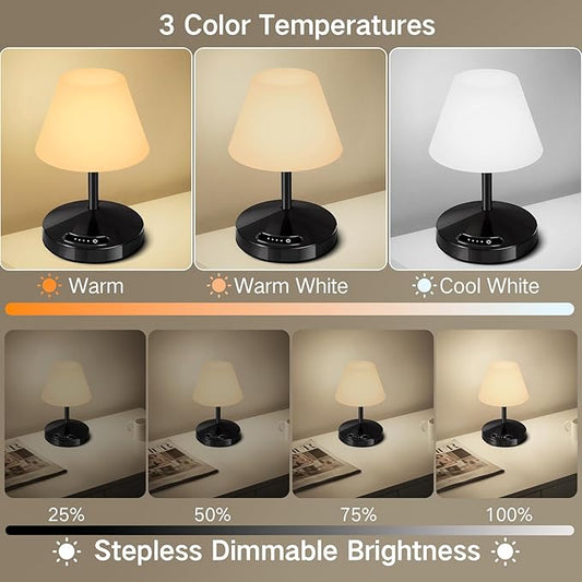 OUTON Rechargeable LED Shower & Table Lamp, Waterproof, USB Output, Stepless Dimming, 3 Colors, Power Indicator, Memory Function, Battery Operated Light for Home, Bathroom, Patio & Outdoor (Black)