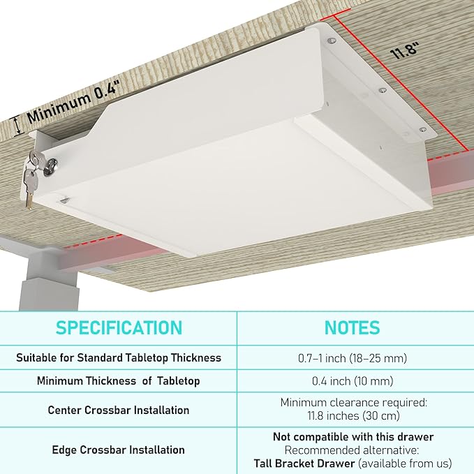 Lockable Drawer for Under Desk White,16" W x 11.8" D x 6.3" H Under Desk Locking Locking Drawer