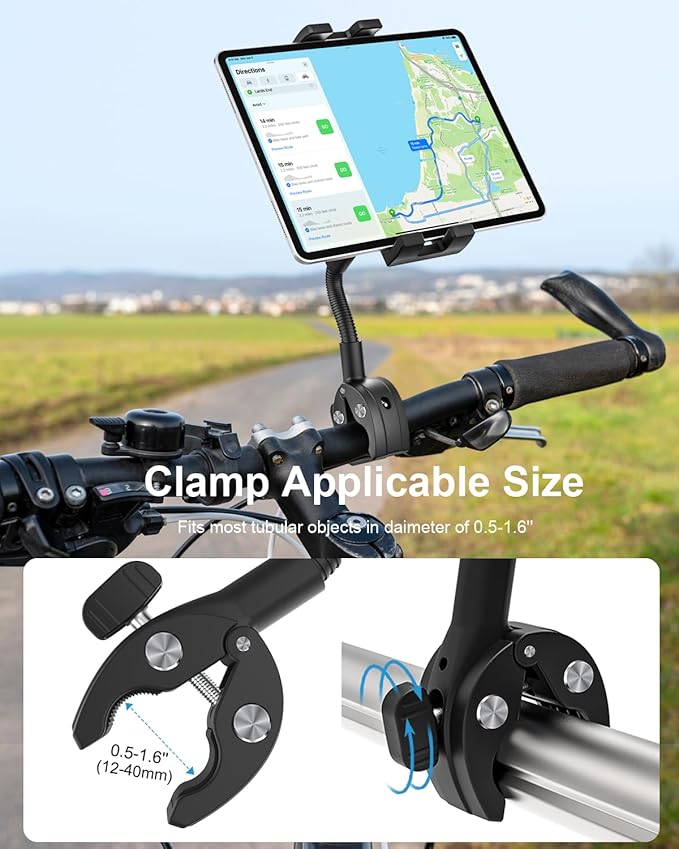 Gooseneck Bike Tablet Mount, Bike Holder - Adjustable Arm Tablet Holder for Motorcycle, Bicycle Scooter Handlebar Clamp, Compatible with iPad Pro Air Mini, Galaxy Tabs, Z Fold, iPhone, 4.7-13" Devices