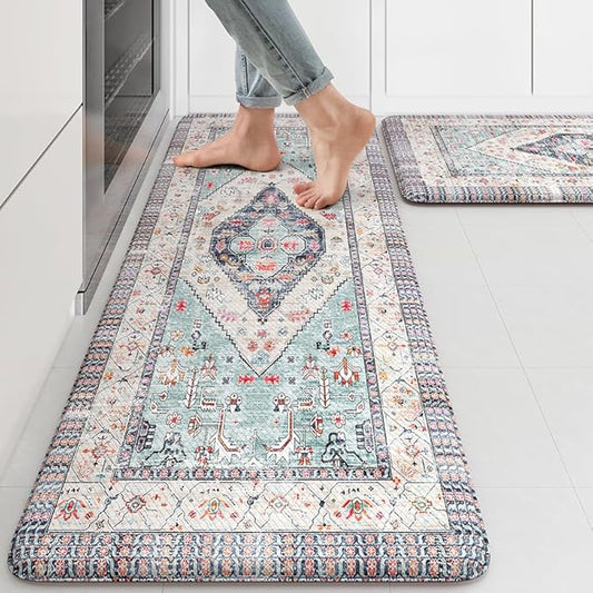 KIMODE Farmhouse Kitchen Mats,Anti Fatigue Kitchen Rugs Sets of 2, Non Slip Waterproof Kitchen Floor Mats, Ergonomic Cushioned Comfort Standing Mat for Laundry, Office, Sink,Desk,Blue