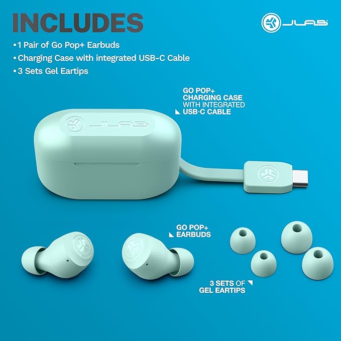 JLab Go Air Pop+ True Wireless Earbuds, in Ear Headphones, Bluetooth Earphones, 35H Playtime Ear Buds, Bluetooth Earbuds with Microphone, USB-C Charging Case, Dual Connect, EQ3 Sound, Mint Green