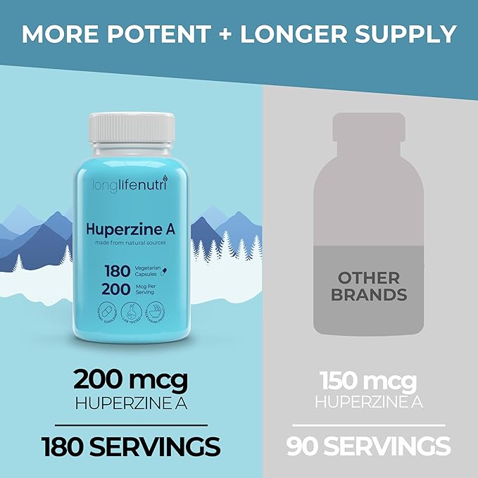 Huperzine A 200mcg - from Huperzia Serrata Leaf, 180 Vegetarian Capsules, Natural Brain Nootropic for Focus, Memory, and Clarity, 6 Month Supply, GMP Certified, Made in USA