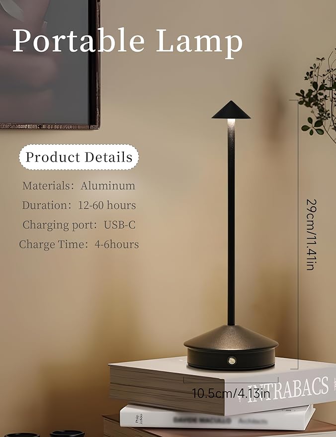 Cordless Table Lamps,LED Rechargeable Desk Lamp,Portable Modern USB Battery Operated Lights,Outdoor Waterproof Touch Dimmable,for Patio,Restaurant,Bar,Camping,Dining Home Set of 2 Black