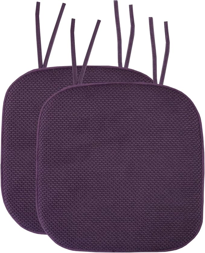 Sweet Home Collection Chair Cushion Memory Foam Pads with Ties Honeycomb Pattern Slip Non Skid Rubber Back Rounded Square 16" x 16" Seat Cover, 2 Pack, Eggplant Purple