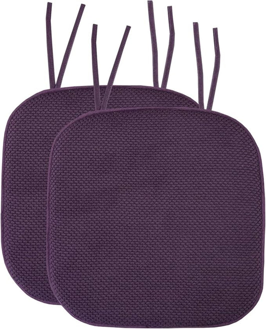Sweet Home Collection Chair Cushion Memory Foam Pads with Ties Honeycomb Pattern Slip Non Skid Rubber Back Rounded Square 16" x 16" Seat Cover, 2 Pack, Eggplant Purple