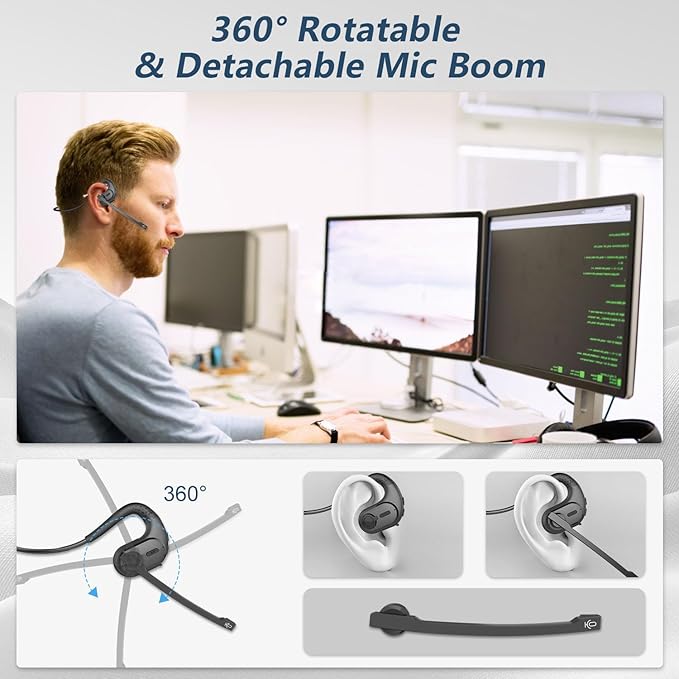 BANIGIPA Bluetooth Headset with Removable Microphone, Noise Cancelling Wireless Headset for Phones Laptop Computer PC, Open Ear Headphones for Office Meeting Running Cycling Driving Working-12 Hrs