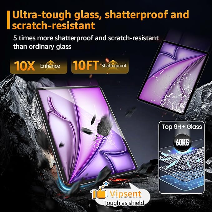 2-Pack Glass Screen Protector for iPad Pro 11 Inch (M4) Military Shatterproof, 9H+ Hardness, Auto-Alignment Frame, Anti-Fingerprint, HD Clear, Scratch Resistant