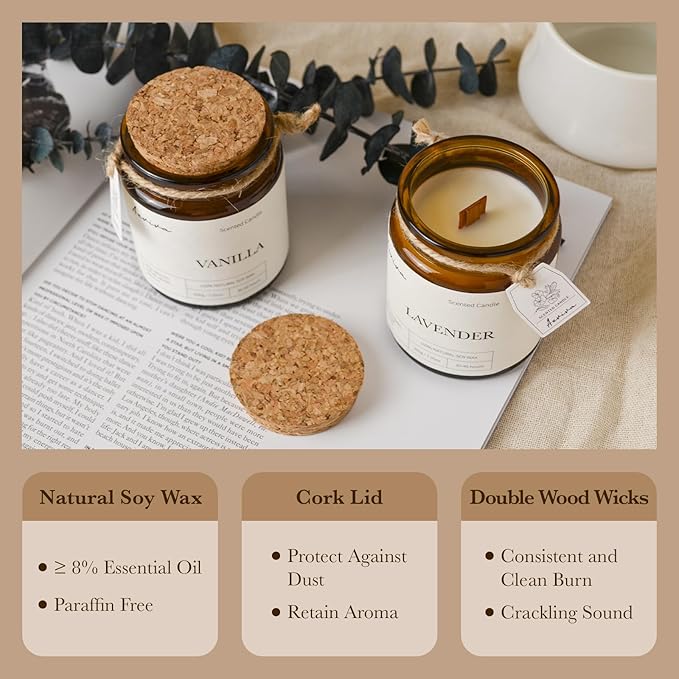 Scented Candle, 7.05 oz Vanilla Aromatherapy Candle, Natural Soy Wax with Wooden Wick, Candles for Home Scented, Stress Relief Amber Jar Candle Gifts