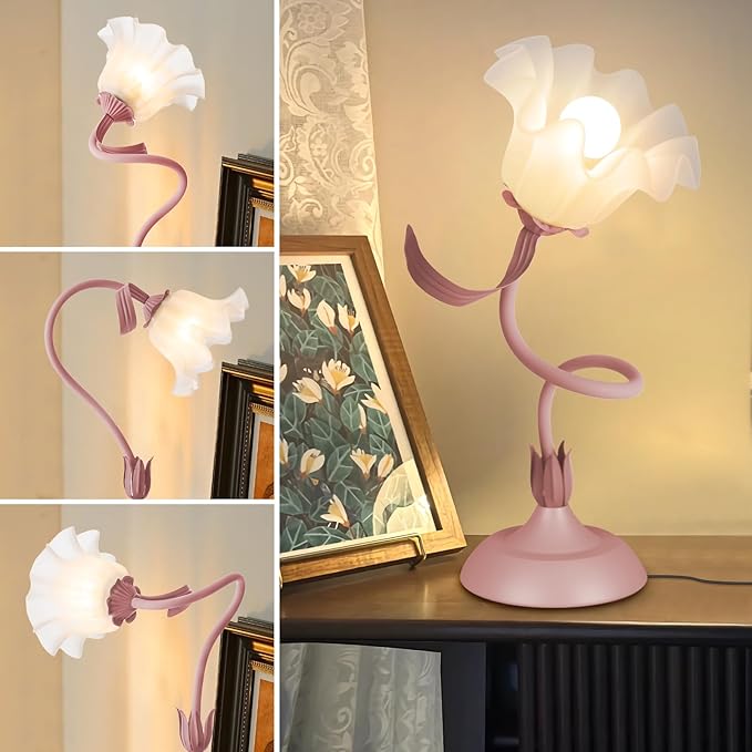 Women Bedside Table Lamps for Bedroom, Cute Flower Desk Lamp with Adjustable Flexible Gooseneck, 3 Color Temperatures Nightstand Lamp with E26 LED Bulbs, Floral Lamp for Living Room, Office,Reading