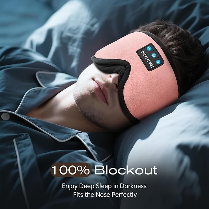 3D Sleep Mask with Bluetooth Headphones, Sleeping Headphones for Side Sleepers, Wireless Music Eye Mask with Ultra-Thin Stereo Speakers for Men, Women, Tech Gifts, Pink