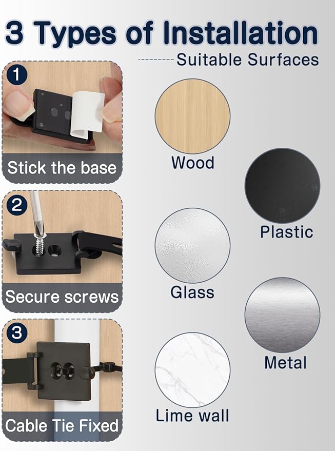 10-Pack Adjustable Cable Clips,Viaky Cable Management,Under Desk with Adhesive Mounts Cable Ties,Multi-Purpose Cable Tidy Clips,Cord Holders for Hanging Desk Car Wall