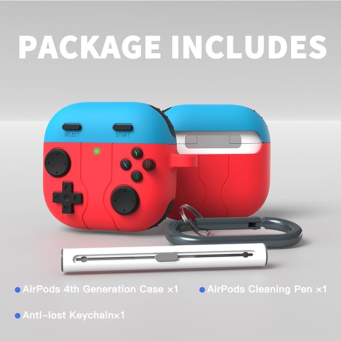 DamonLight Game Case for AirPods 4 Cover Shock-Proof Protective Silicone Case with Cleaning Pen and Keychain Accessories for Apple Airpods 4th Generation (Red & Blue)