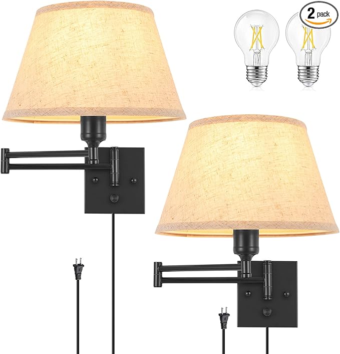 TRLIFE Dimmable Wall Sconce Plug in, Wall Sconces Set of Two Swing Arm Wall Lights with Plug in Cord and On/Off Dimmer Rotary Switch, 11.8" Large Beige Fabric Shade(2 Pack, 2 Bulbs Included)