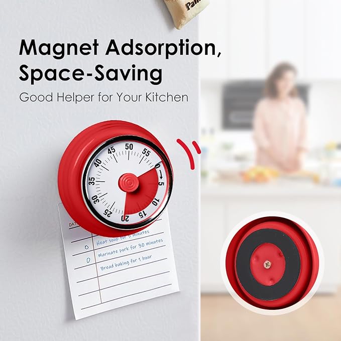 Visual Timer, Teeloray 60-Minute Countdown Timer, Kitchen Timer with Magnetic Base, Mechanical Clockwork, Ringer Alert, Time Management Tool for Children and Adults, Study/Work/Cooking (Red)