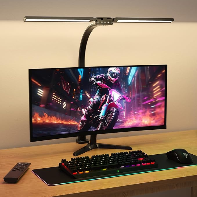 LED Desk Lamp for Home Office - Remote Control Desk Light Computer Lamp with clamp, 22W, Dimmable, Color Changing, Touch Control, Height Adjustable, Black Table Task Light Bar for Work