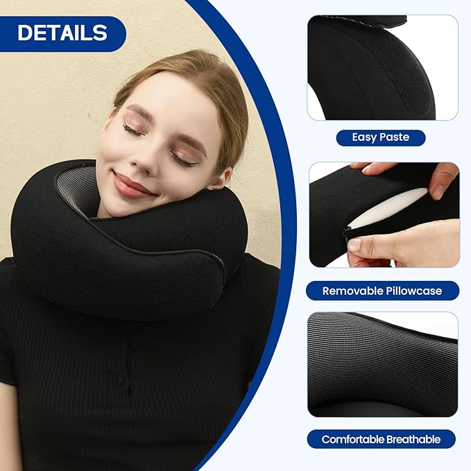 Badink®l Memory Foam Neck Travel Pillow, Neck Pillow Airplane with MagicStrap – Adjustable Ergonomic Travel Pillow for Office/Airplane/Car, Washable Cover, Portable Cervical Support （Black）