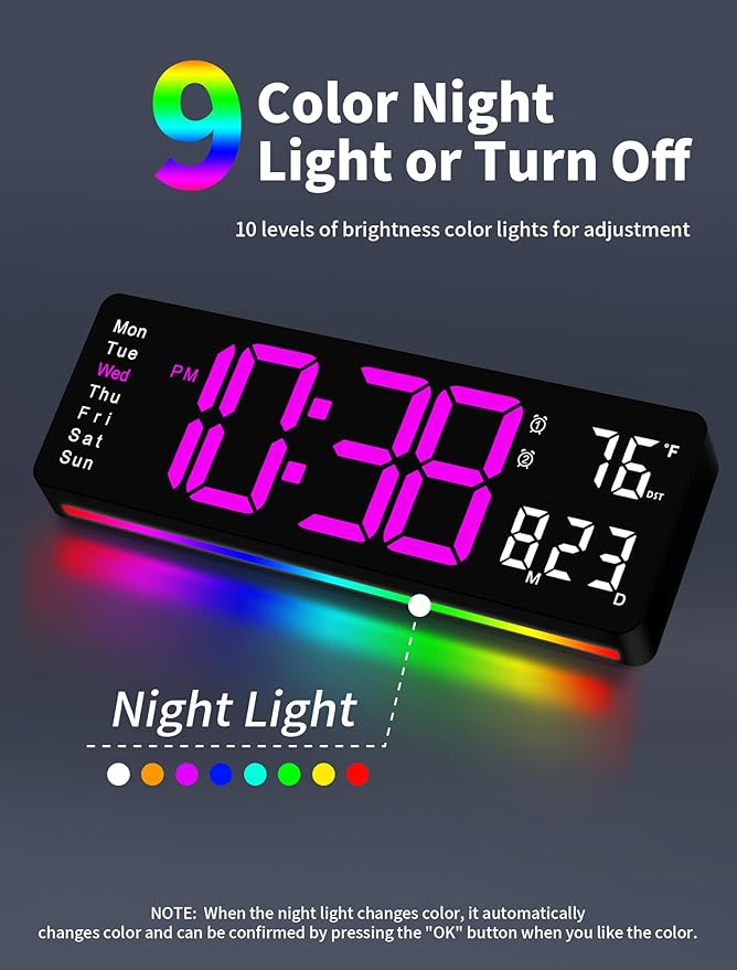 MASHI Digital Wall Clock, 16" Large Display Digital Clock with Remote Control, Auto-Dimming Wall Clock with Night Light, DST, Date Week,Temp for Living Room, Bedroom, Decor, Gift for Elderly