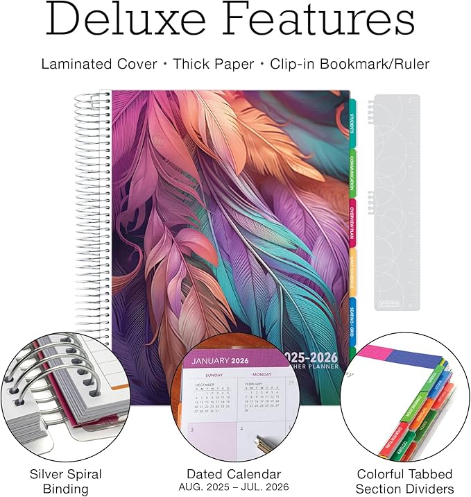 Aug 2025-Jul 2026 Deluxe Teacher Planner Notebook 8.5x11 Daily Weekly Monthly Organizers with 7 Periods, Pocket Folder, Dated Calendar, Page Tabs, Bookmark and Planning Stickers (Pastel Peacock)