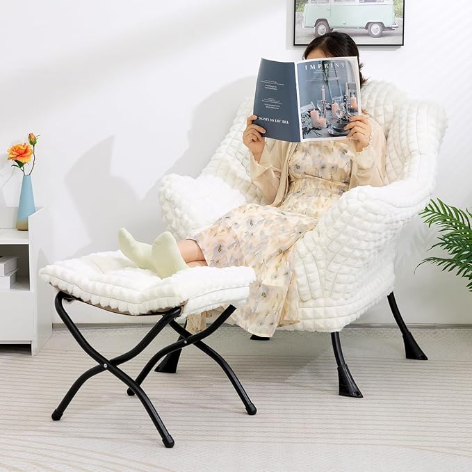 HollyHOME 15"(H) Folding Footrest Stool, Upholstered Small Foldable Ottoman, Accent Padded Sofa Foot Stool for Lazy Chair, Metal Portable Foot Rest Ottoman for Living Room, Bedroom, Faux-Fur White