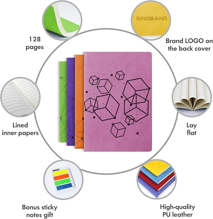 SINOBAND 4 Pack Notebooks for journaling,Colorful Subject Notebooks Set with Geometric Graphics Pattern,PU Leather Notebook writing journals with lined paper for School and Office(Random Colors)