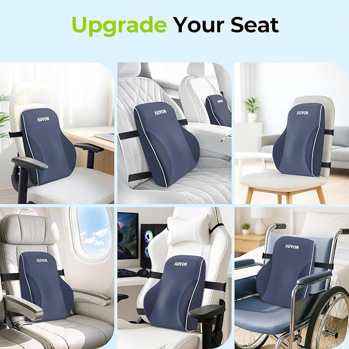 AUVON Lumbar Support Pillow for Office Chair, Lower Back Support, Ergonomic Office Home Essentials Improve Posture, Memory Foam Chair Cushion with Straps for Home, Office, Car (Blue)