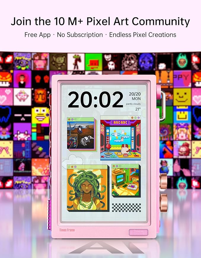 Divoom Times Frame-10.1" Digital Picture Frame Transparent IPS with RGBLED Rotary Knob WiFi 64GB 400+Clock Faces Widget 50+API Feeds Gift Mode Pixel Art Community Personalized Display (Pink)