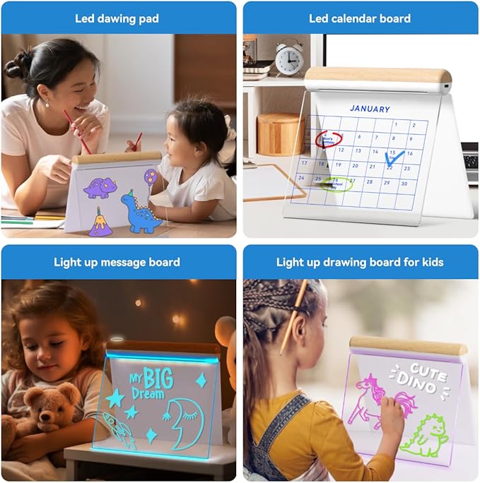 Led Note Board with Colors, Dual-Sided Acrylic Message Board Led Drawing Writing Board for Kids, 7.9 Inch X 6.3 Inch Magical Light Board, Touch Control for Office/Home/School Kitchen/Gift