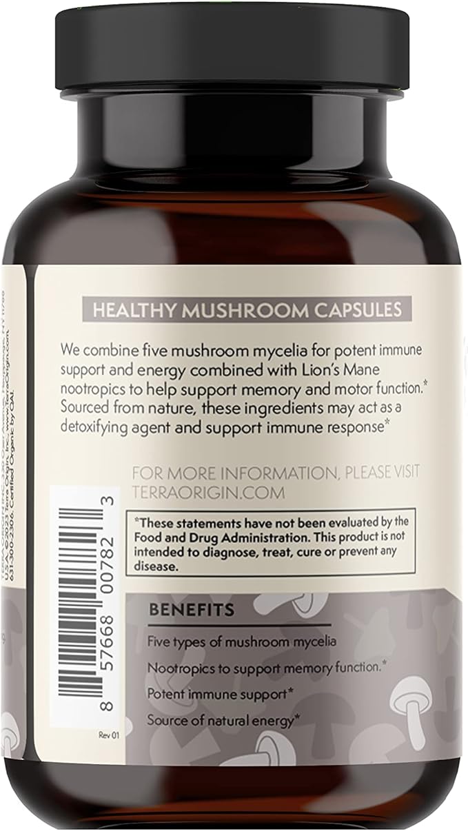 TERRA ORIGIN Healthy Mushroom Complex Supplement | 90 Capsules | Reishi, Lions Mane, Changa, Cordyceps, Maitake | Immune & Nootropic Brain Support | Certified USDA Organic, Non GMO, Vegan