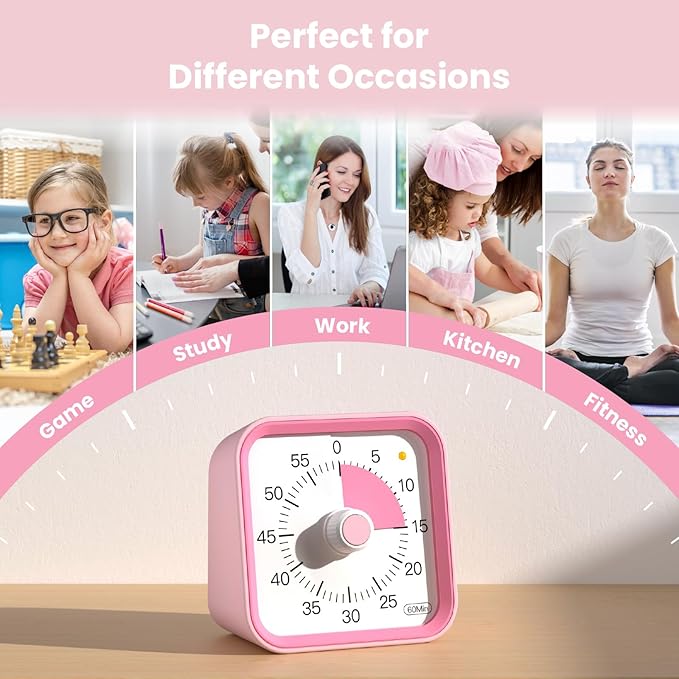 Visual Timer for Kids with Pause Function, 60 Minute Countdown Timer for Kids Desk Study, Teaching, Kitchen Cooking, Office Meetings, Time Management for ADHD (Pink)