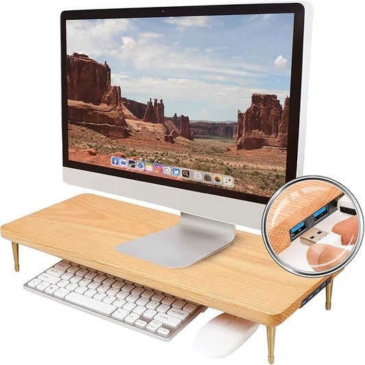 Wood Riser Monitor Stand with USB Ports Computer Stand w/Slot for Tablet & Cellphone Computer Riser w/Big Storage, Dual Monitor Riser for PC, Computer, Laptop, Printer