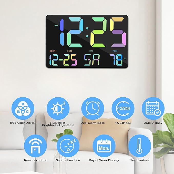 Amgico RGB Digital Alarm Clock with Snooze,Temperature,Auto Dimming,11.5" Large Display Calendar,Desk/Wall Clock for Bedroom,Living Room,Office,Home,Classroom,Kids,Elderly-Black