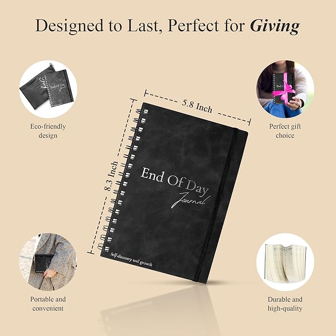 End of Day Journal – Day by Day Daily Gratitude Journal 2025 for Mindfulness, Happiness, Reflection, and Self Care, Undated Spiral Diary Gift for Women & Men