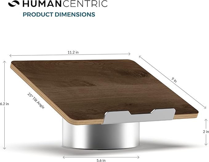 HumanCentric Laptop Riser for Desk in Black Walnut Wood Top and Space Gray Aluminum Base, Compatible with MacBook and Other Laptops Up to 16 Inches, Ergonomic Computer Holder, 25-Degree Angle Tilt