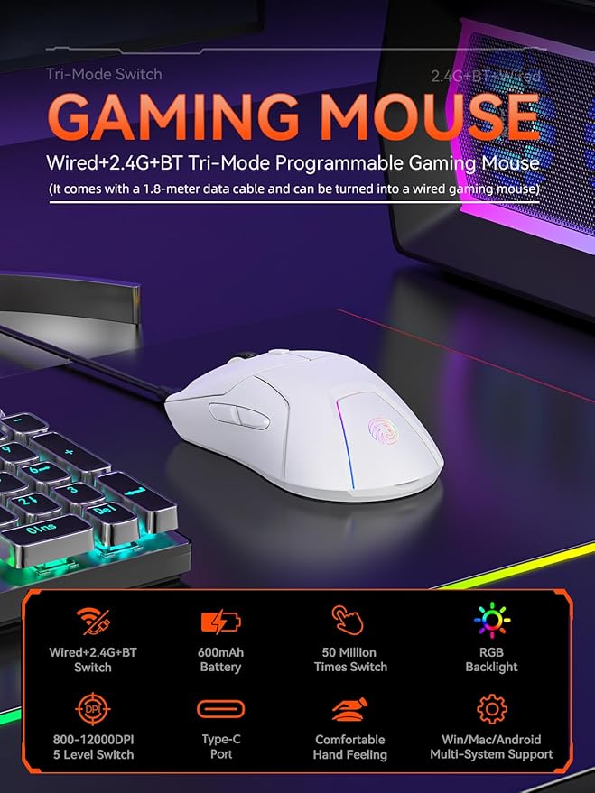 White Wireless Gaming Mouse, Tri Mode (2.4G/Bluetooth/Wired), PAW3311 Sensor, 12,000 DPI, 1,000Hz, 6 Programmable Buttons, USB C Rechargeable, Ergonomic Gamers Optical Mice for PC/Laptop/Mac