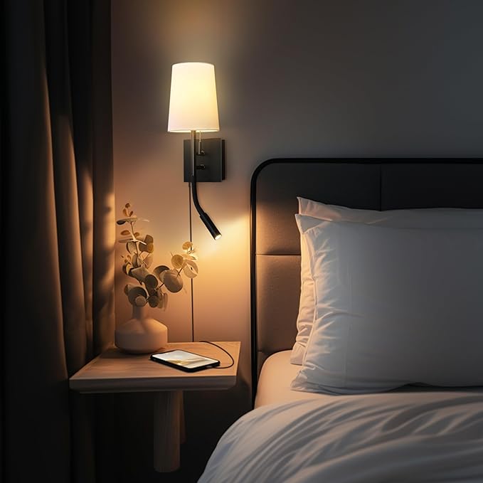 Globe Electric 1-Light Plug-in or Hardwired Wall Sconce with Reading Light, USB-A Port, USB-C Port, LED Integrated Reading Light, Matte Black, White Fabric Shade, On-Off Pull Chain and Rocker Switch