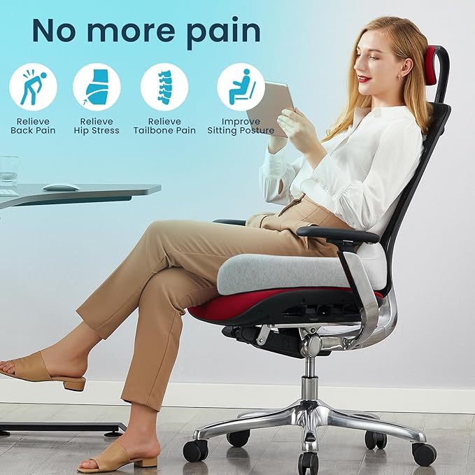 REDOFF®Extra Large Memory Seat Cushion 21.5 * 17.7 * 4inches– Cushion Pillow for Back Support Non-Slip Seat Pad for Office Desk, Car Seat, Wheelchair, Sciatica (Gray)